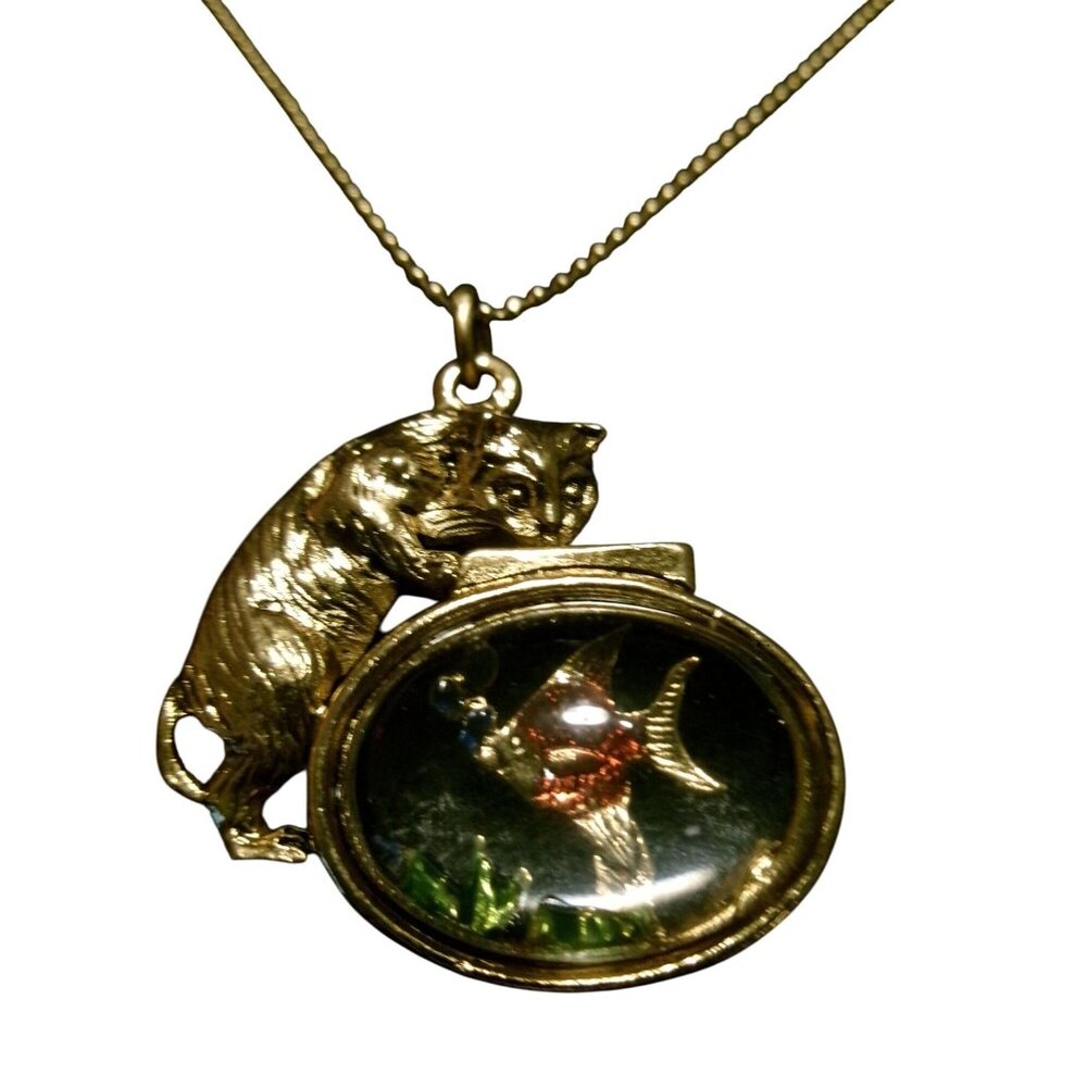 NEW 1928 Gold Tone Cat & Fishbowl Pendant Necklace